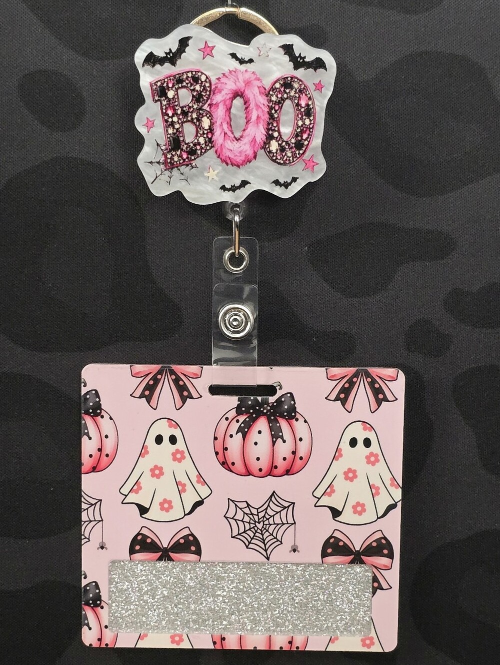 Boo Ghost Halloween Novelty Acrylic Badge Reel & Buddy Set ID Holder